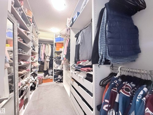 Walk-in closet featuring extensive built-in shelving, multiple hanging rods, integrated drawers, and a full-length mirror - 5876 168 Avenue Nw, Edmonton, AB - Indoor With Storage