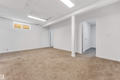 Spacious room featuring neutral carpeting, white walls, and a drop ceiling with integrated fluorescent lighting - 16205 55 Street Nw, Edmonton, AB - Indoor Photo Showing Basement