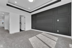 Spacious room featuring a custom accent wall with panel molding, a tray ceiling with recessed lighting, and soft grey carpeting - 