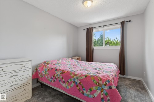 Light gray wall finishes and coordinating dark gray carpet flooring - 10 Abbey Crescent, St. Albert, AB - Indoor Photo Showing Bedroom
