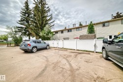 Paved parking area featuring multiple spaces, a white privacy fence, and mature evergreen trees - 