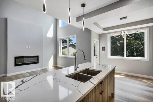 3813 104 Street Nw, Edmonton, AB - Indoor Photo Showing Kitchen With Fireplace With Double Sink