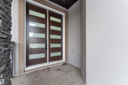 Contemporary entryway featuring a dark wood-finish door with frosted glass panels, stone veneer accents, and an exposed aggregate landing - 