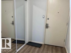 Entryway featuring wood-finish flooring and a full-length mirrored closet door - 