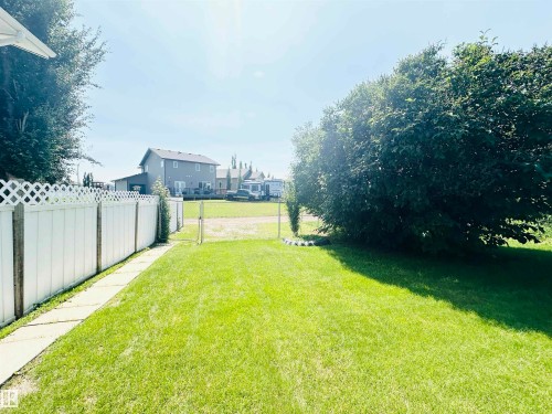 Expansive lawn area featuring a white lattice-top fence, a concrete walkway, mature shrubbery, and a small sapling - 221 Parkview Drive, Wetaskiwin, AB - Outdoor
