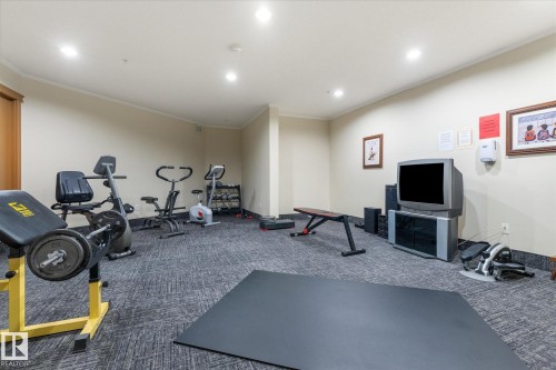 Dedicated fitness room featuring patterned carpeting, recessed lighting, and a neutral wall palette - #230 8802 Southfort Dr, Fort Saskatchewan, AB - Indoor Photo Showing Gym Room