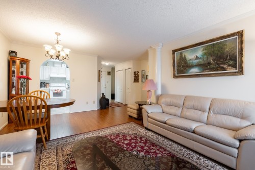 Open-concept living area featuring wood-finish flooring, an arched doorway to the kitchen, and crown molding - #310 17151 94A Av Nw, Edmonton, AB - Indoor Photo Showing Living Room