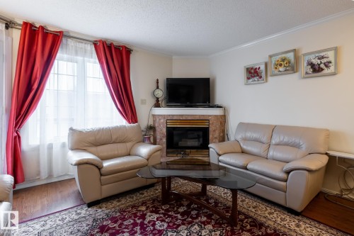 Corner fireplace with a stone-finish surround and white mantel - #310 17151 94A Av Nw, Edmonton, AB - Indoor Photo Showing Living Room With Fireplace