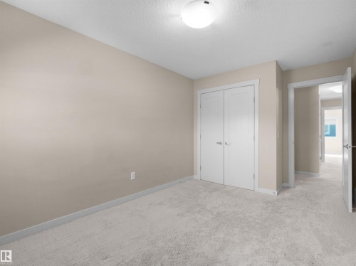 Neutral-toned room featuring light-colored carpeting, a double-door closet with white trim, and a flush-mount ceiling light fixture - 4487 Annett Common Sw, Edmonton, AB - Indoor Photo Showing Other Room