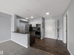 Kitchen featuring stainless steel appliances, dark countertop, and light cabinetry - 