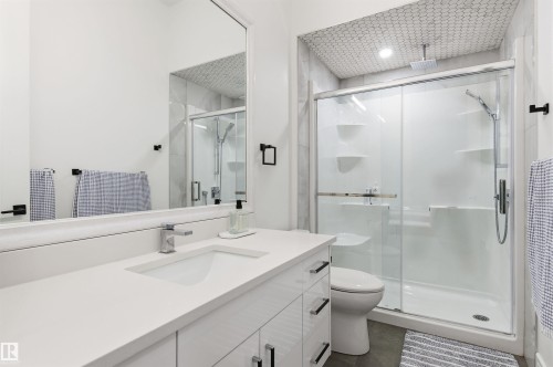 Full bath featuring vanity and a stall shower - 3167 Cameron Heights Way Nw, Edmonton, AB - Indoor Photo Showing Bathroom