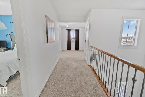 The property features a hallway with carpeted flooring, white walls, and a window providing natural light - 1115 61 Street Sw, Edmonton, AB - Indoor Photo Showing Other Room