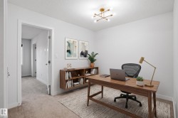 Versatile room featuring light-toned walls, carpeted flooring, and a modern gold-finish flush mount light fixture - 