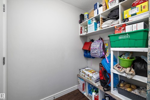 Pantry featuring built-in white shelving, wood-finish flooring, and white baseboards - 1563 Tamarack Boulevard Nw, Edmonton, AB - Indoor Photo Showing Other Room