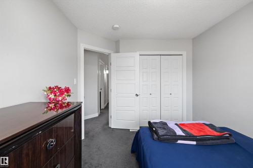 Bright interior room with light gray walls, textured white ceiling, and dark gray carpeting - 1563 Tamarack Boulevard Nw, Edmonton, AB - Indoor Photo Showing Bedroom