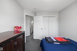 Bright interior room with light gray walls, textured white ceiling, and dark gray carpeting - 