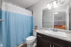 Bathroom featuring a single vanity with dark wood-finish cabinetry - 