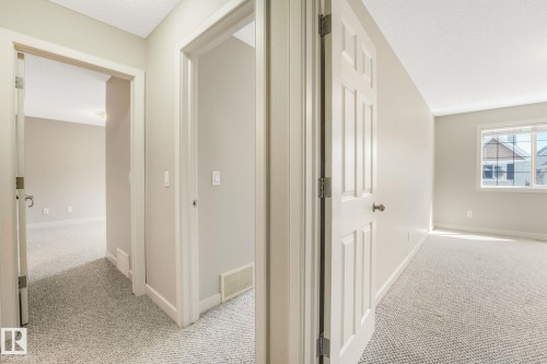 Interior hallway with light gray walls, white trim, and textured gray carpeting - #16 7293 South Terwillegar Dr Nw, Edmonton, AB - Indoor Photo Showing Other Room