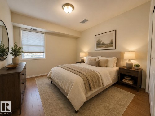 Bedroom featuring wood-finish flooring, a window with blinds, and a neutral color palette - #302 8215 84 Av Nw, Edmonton, AB - Indoor Photo Showing Bedroom