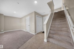 Carpeted staircase with white railings, tile flooring, and neutral wall tones - 