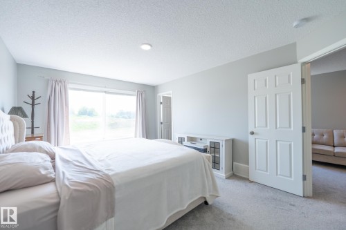 Bedroom with light gray walls, light carpet flooring, and a sliding glass door - 5403 Lark Landing Nw, Edmonton, AB - Indoor Photo Showing Bedroom