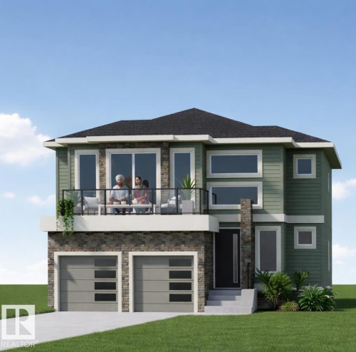 This property presents a modern exterior with green siding and stone accents - 231 28 Street Sw, Edmonton, AB - Outdoor With Facade