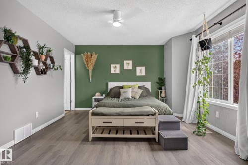 Spacious room featuring wood-finish flooring, a contemporary ceiling fan, and a large window with white trim - 833 Mcallister Crescent Sw, Edmonton, AB - Indoor Photo Showing Bedroom