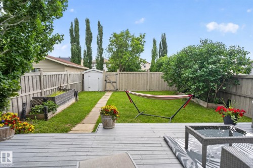 Expansive backyard featuring a gray wood-plank deck, manicured lawn, perimeter fencing, a garden shed, and a stone paver pathway - 833 Mcallister Crescent Sw, Edmonton, AB - Outdoor With Deck Patio Veranda