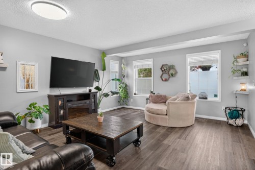 Spacious living area featuring wood-finish flooring, light gray walls, and multiple windows - 833 Mcallister Crescent Sw, Edmonton, AB - Indoor Photo Showing Living Room