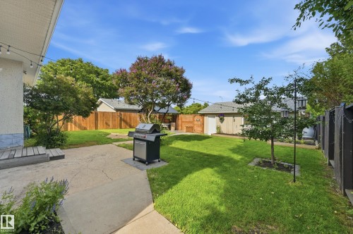 Expansive backyard featuring a concrete patio, a manicured lawn, and mature trees - 15111 67 Street Nw, Edmonton, AB - Outdoor