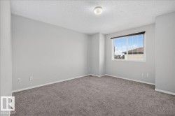 Bright room with neutral gray walls, gray carpet, white trim, and a prominent window with horizontal blinds - 