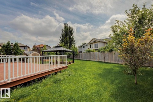 Expansive backyard featuring a wood-finish deck with white railings, a covered gazebo, a manicured lawn, and mature trees - 16765 119 Street Nw, Edmonton, AB - Outdoor