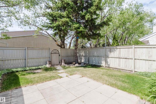 Paved patio area with a partial grass lawn, surrounded by a light-toned wooden fence - 134 Callingwood Place Nw, Edmonton, AB - Outdoor