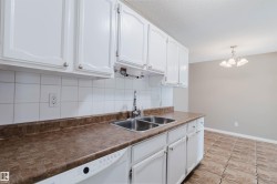 Kitchen featuring white cabinetry, a double basin stainless steel sink, a dishwasher, and a brown patterned countertop - 