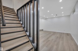 Staircase with light wood-finish treads, dark risers, and dark wood balusters - 