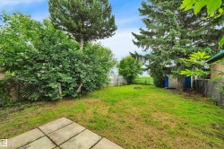Expansive grassy yard featuring mature trees, a concrete patio area, and a utility shed with blue doors - 