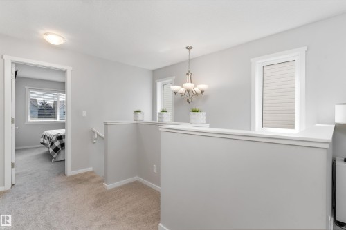 Upper-level hallway featuring soft neutral-toned walls, plush carpet flooring, and a brushed nickel chandelier - 3456 Cutler Crescent Sw, Edmonton, AB - Indoor Photo Showing Other Room