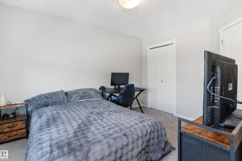 Bedroom featuring light gray wall paint, textured ceiling, and gray carpet flooring - 3456 Cutler Crescent Sw, Edmonton, AB - Indoor Photo Showing Bedroom