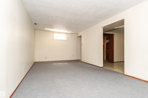 Spacious room with light gray carpeting, neutral-toned walls, and wood trim - 4812 105B Street Nw, Edmonton, AB - Indoor