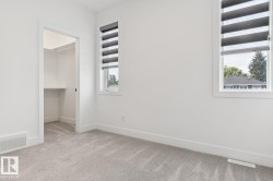 Carpeted room with a walk-in closet featuring built-in shelving and hanging rods - 