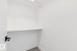 Walk-in closet with white walls, a built-in white shelf, and gray carpet - 