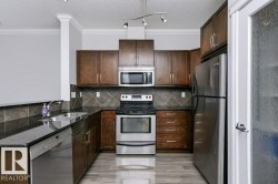Kitchen featuring dark wood cabinetry, stainless steel appliances, dark stone countertops, and a patterned tile backsplash - 