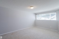 Spacious room featuring light gray walls, textured ceiling, and light-colored patterned carpeting - 
