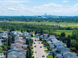 Aerial perspective highlighting a residential street with diverse home styles, mature landscaping, and a distant urban skyline - 