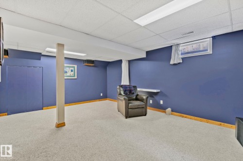 Carpeted lower level room featuring blue walls, a drop ceiling, wood trim, and a high-set window - 7306 21 Avenue Nw, Edmonton, AB - Indoor Photo Showing Basement