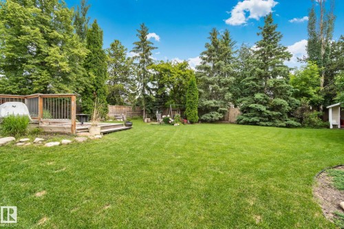 Expansive green lawn with a multi-level wood deck and mature trees - 7306 21 Avenue Nw, Edmonton, AB - Outdoor