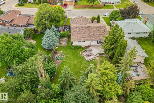 Expansive rear yard featuring a large green lawn, mature trees, and a multi-level wood deck - 7306 21 Avenue Nw, Edmonton, AB - Outdoor With View