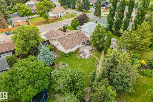 Expansive backyard featuring a manicured lawn, mature trees, and a multi-level deck with a built-in fire pit - 7306 21 Avenue Nw, Edmonton, AB - Outdoor With View