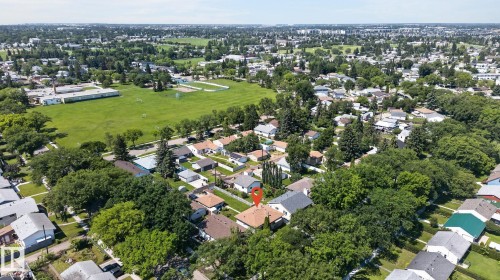 Aerial perspective showcasing a residential neighborhood with ample tree coverage - 12908 104 Street Nw, Edmonton, AB - Outdoor With View