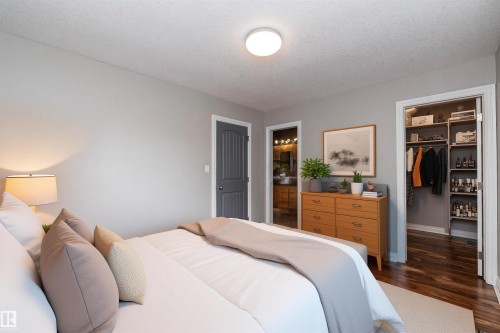 Bedroom featuring light gray wall paint, a built-in closet with custom shelving and wood-finish flooring, a dark gray paneled door, and a flush mount ceiling light - 11915 77 Street Nw, Edmonton, AB - Indoor Photo Showing Bedroom